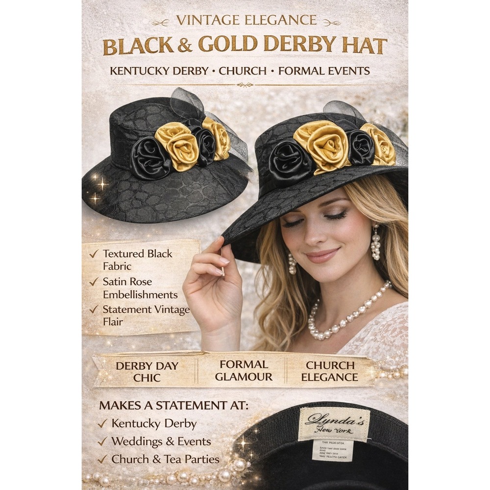 Vintage Black Gold Derby Hat Wide Briml Satin Roses Church Statement Elegant